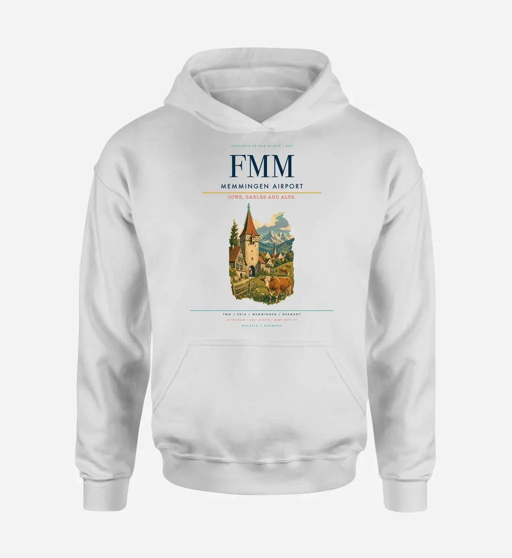Memmingen Airport (FMM) design on white hoodie single-side print