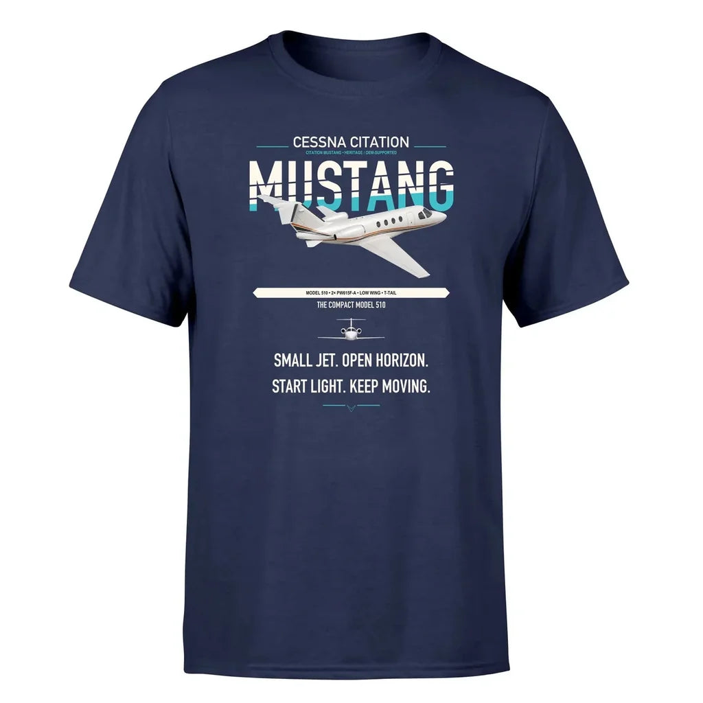 Cessna Citation Mustang design on navy blue double-side t-shirt, single-side print