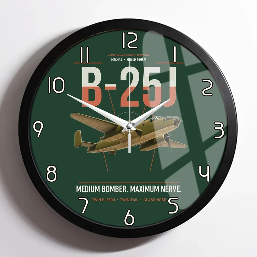 B-25J Mitchell design on dark green framed wall clock