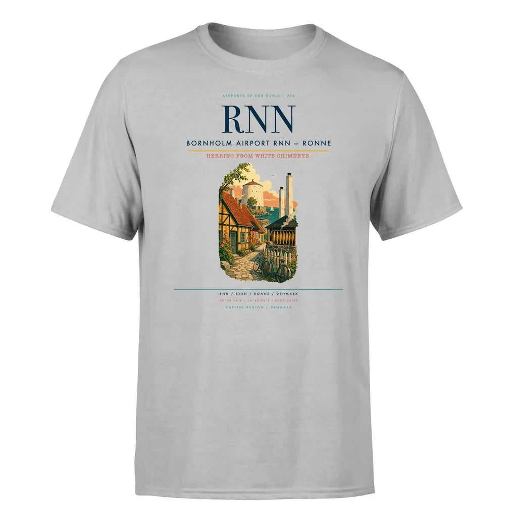 Bornholm Airport (RNN) T-Shirt single-side front print in Light Gray | bornholm-airport-rnn-double-side-t-shirt