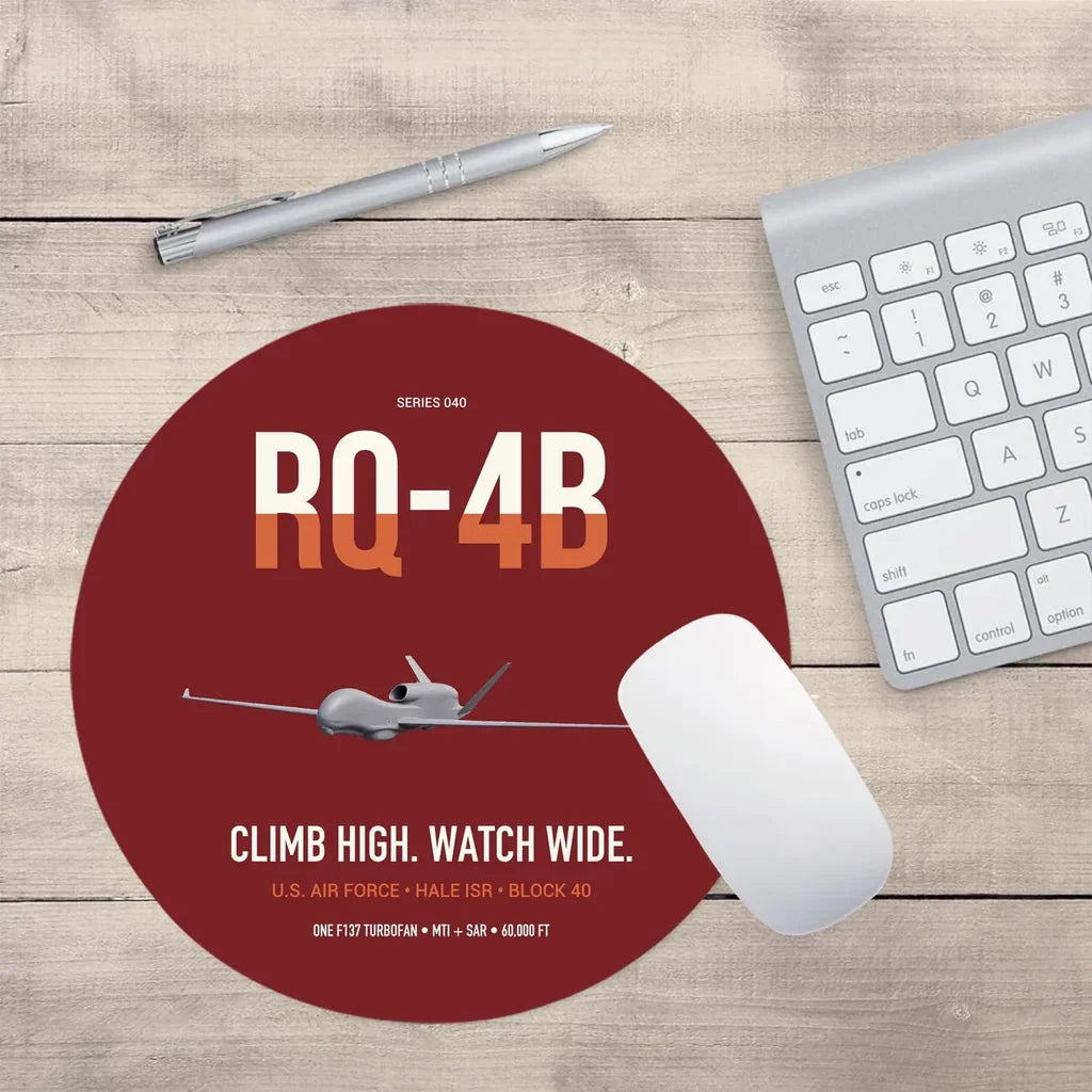 RQ-4B Global Hawk design on dark red round mouse pad