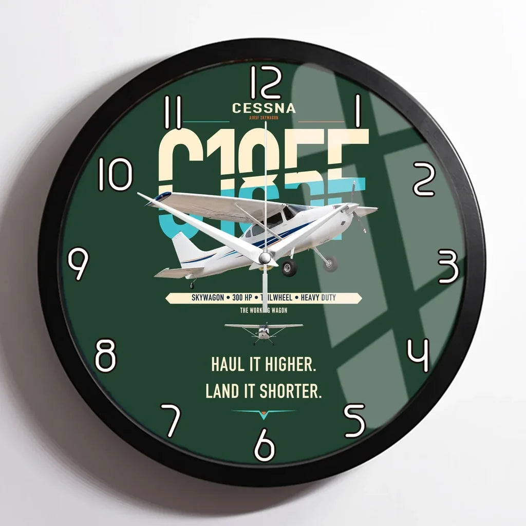 Cessna A185F Skywagon design on dark green framed wall clock