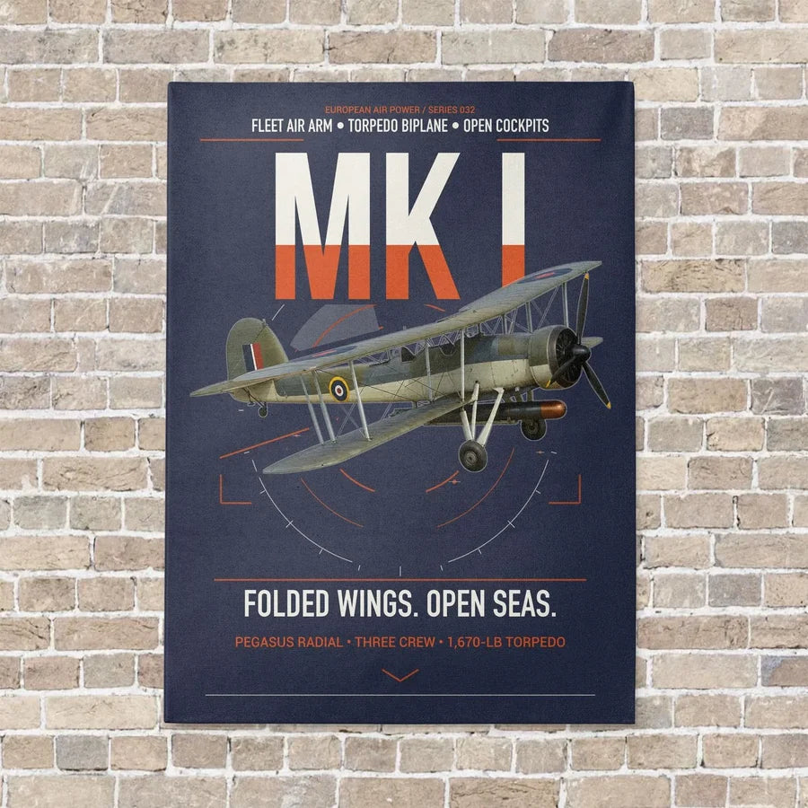 Fairey Swordfish Mk I vertical canvas print - no frame - navy blue background