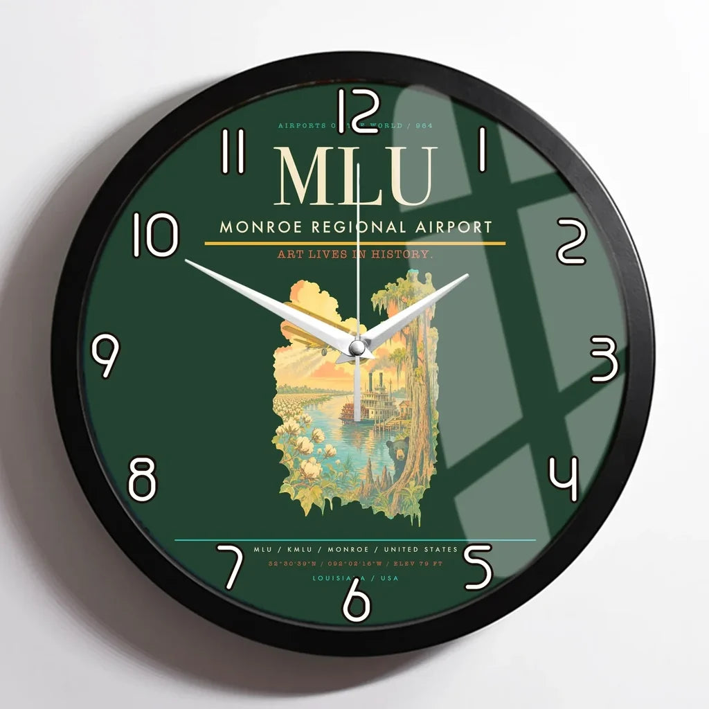 Monroe Regional Airport (MLU) design on dark green framed wall clock
