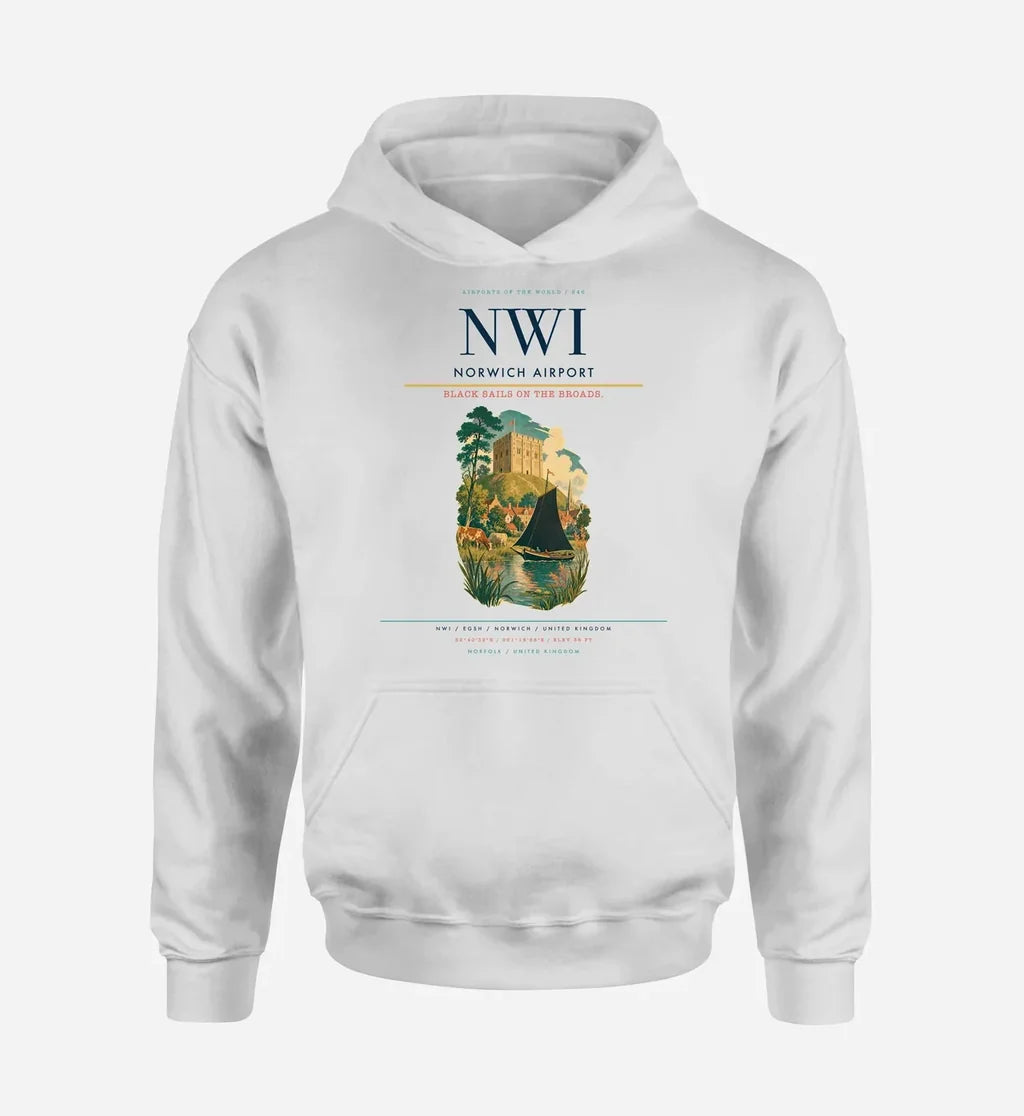 Norwich Airport (NWI) design on white hoodie single-side print