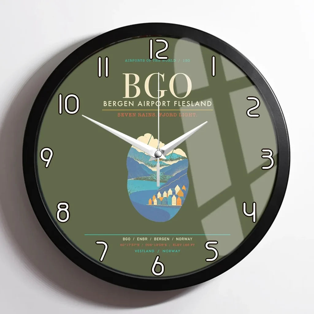 Bergen Airport Flesland BGO - Seven-Rain Fjord Tapestry Wall-Clock Framed - Green Army