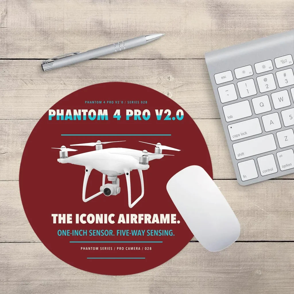DJI Phantom 4 Pro V2.0 design on dark red round mouse pad