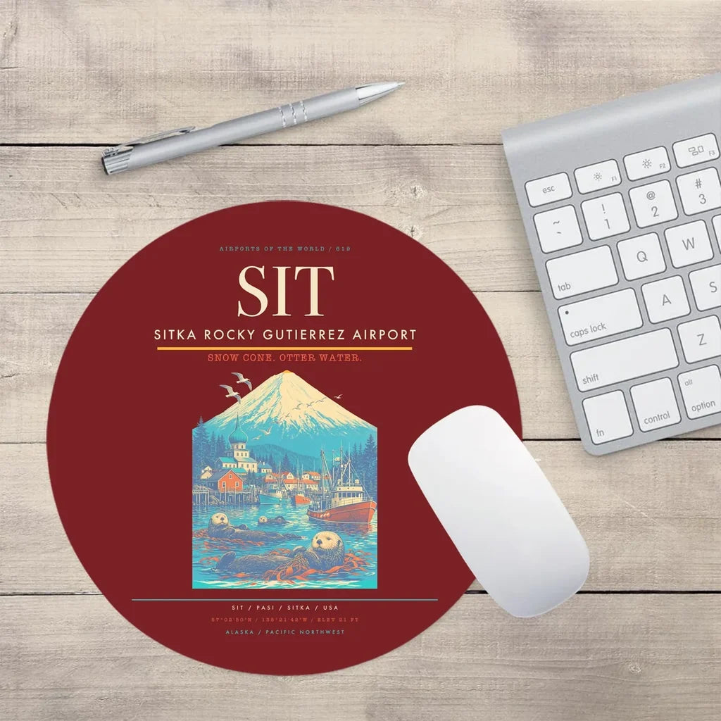Sitka Rocky Gutierrez Airport (SIT) design on dark red round mouse pad
