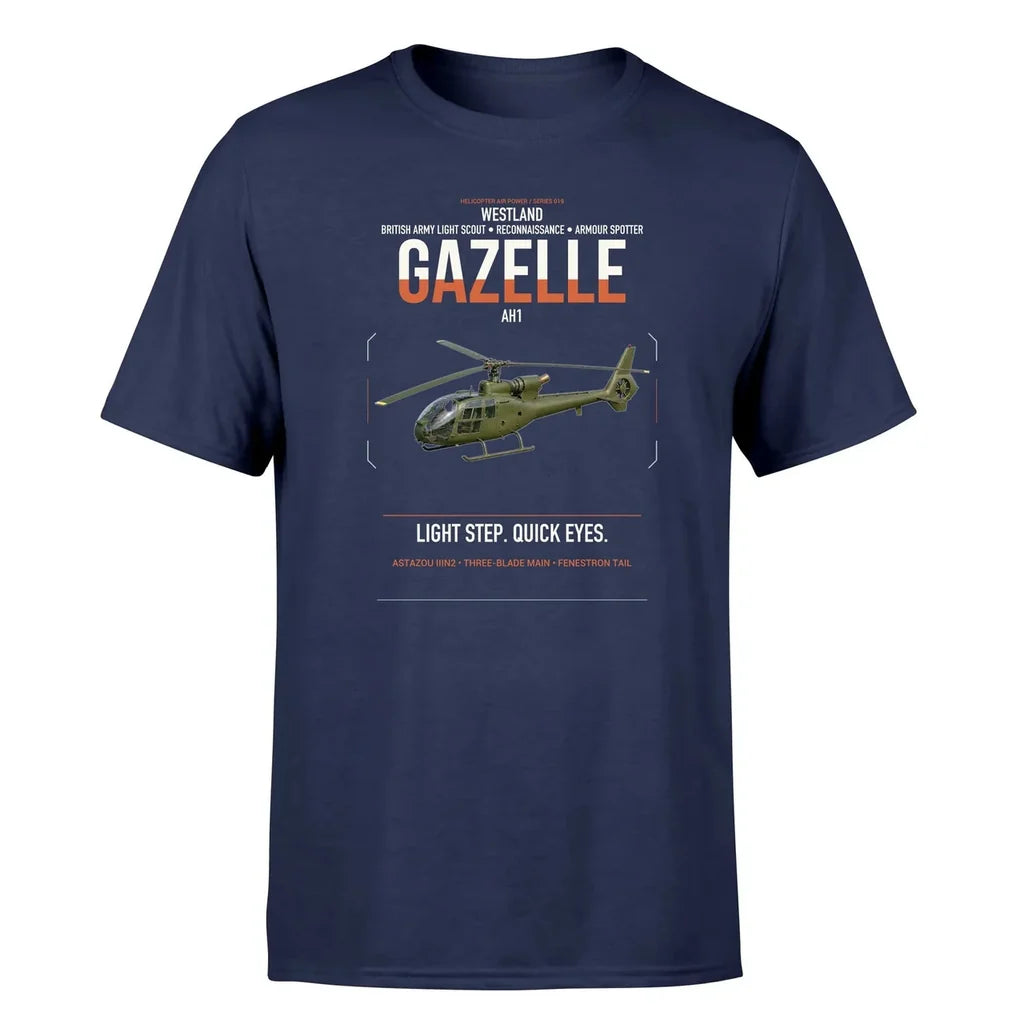 Westland Gazelle AH1 design on navy blue t-shirt, single-side print