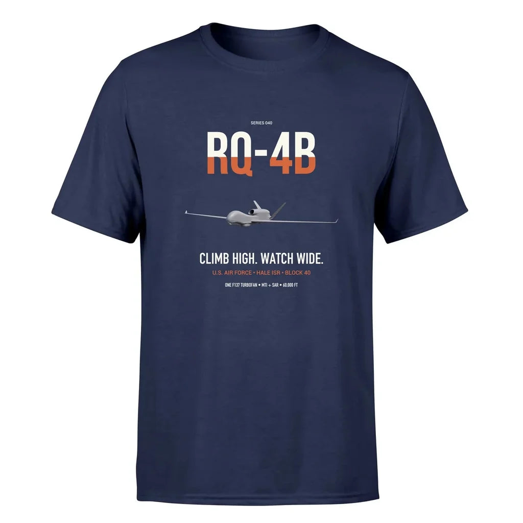 RQ-4B Global Hawk design on navy blue double-side t-shirt, single-side print