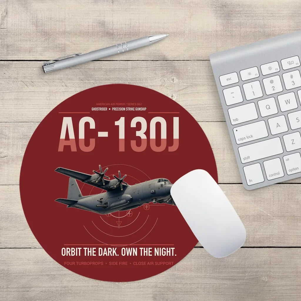 AC-130J Ghostrider design on dark red round mouse pad