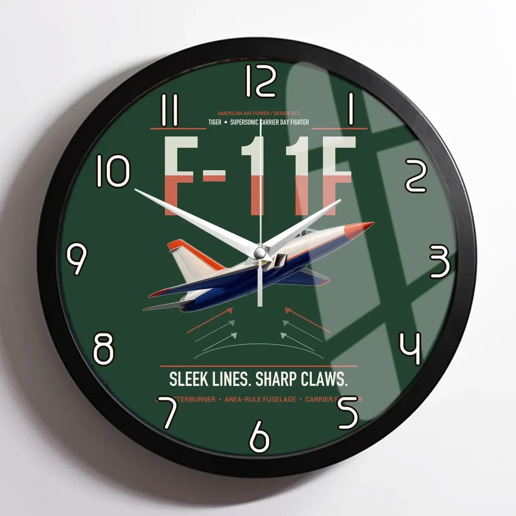 F-11F Tiger design on dark green framed wall clock