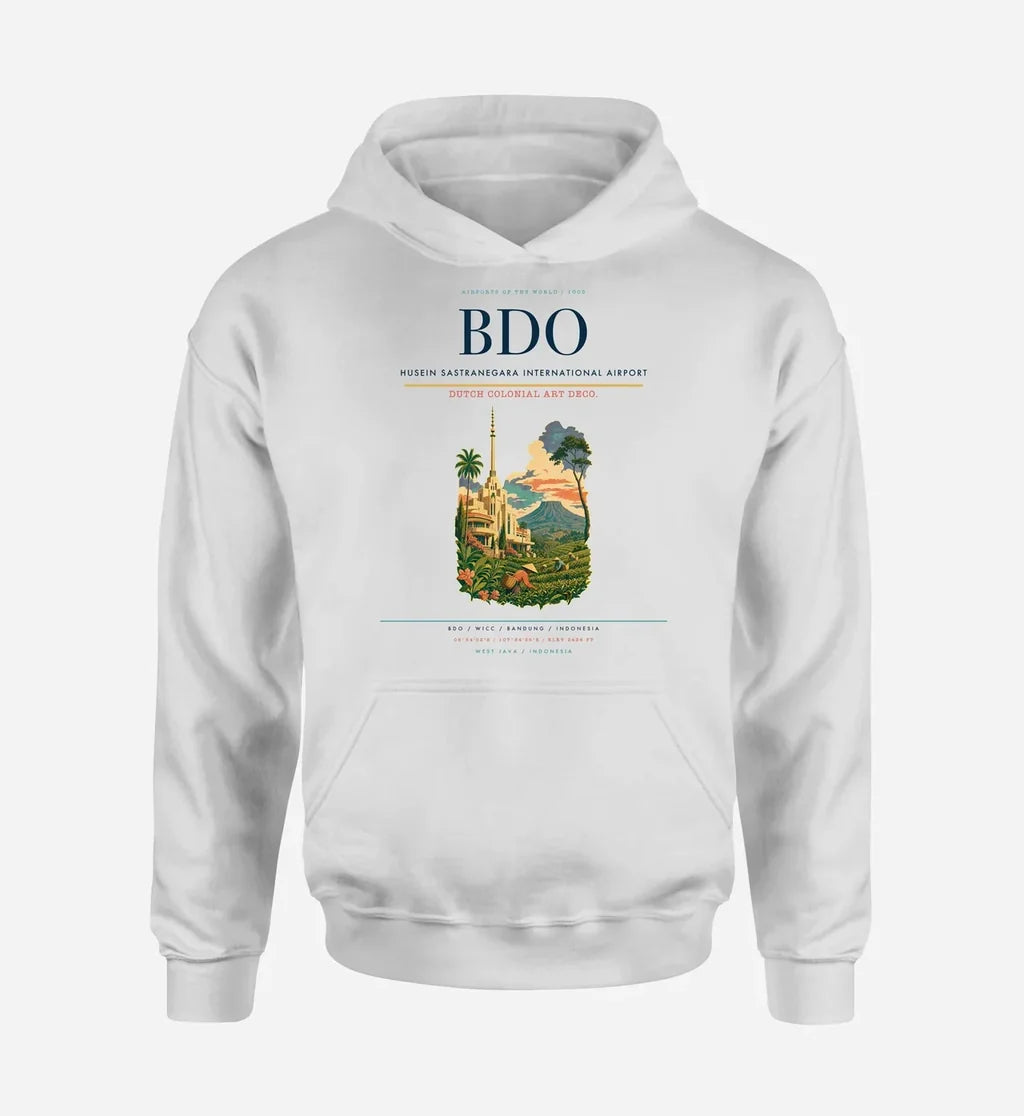 Husein Sastranegara International Airport (BDO) design on white hoodie single-side print