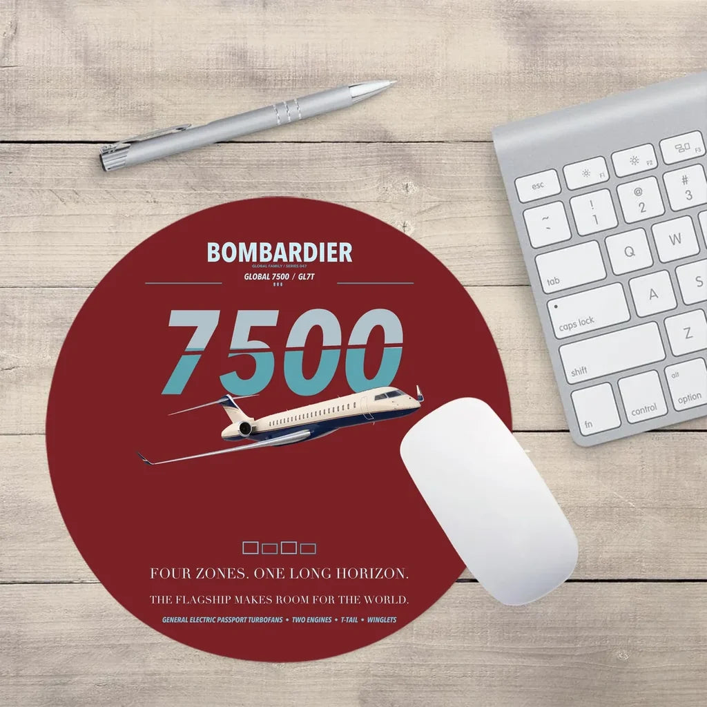 Bombardier Global 7500 design on dark red round mouse pad