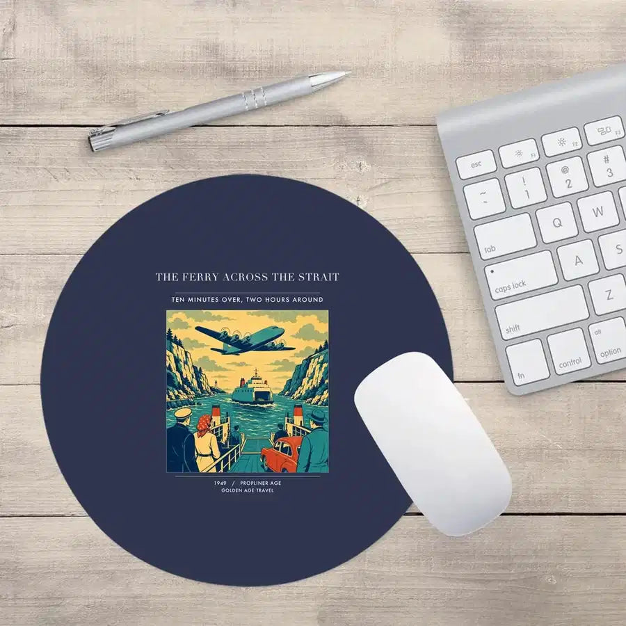 VINTAGE G4478 - The Ferry Across The Strait - Designed Mouse Pads design on navyblue round