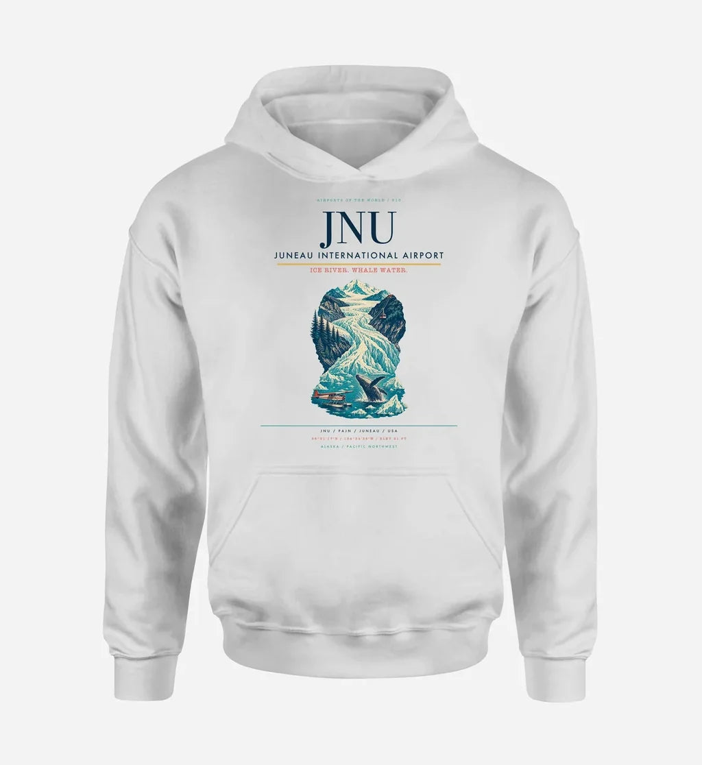 Juneau International Airport (JNU) design on white hoodie single-side print