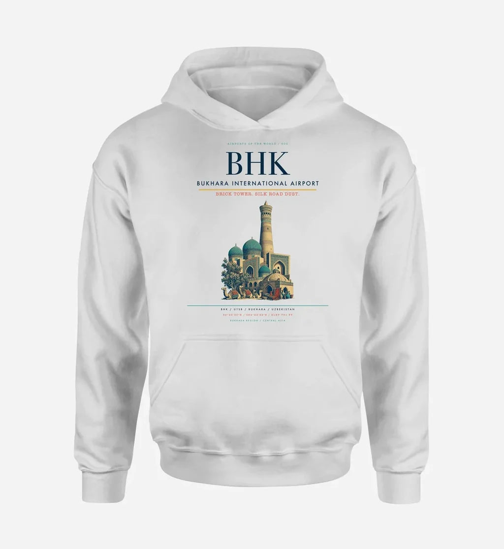 Bukhara International Airport (BHK) design on white hoodie single-side print