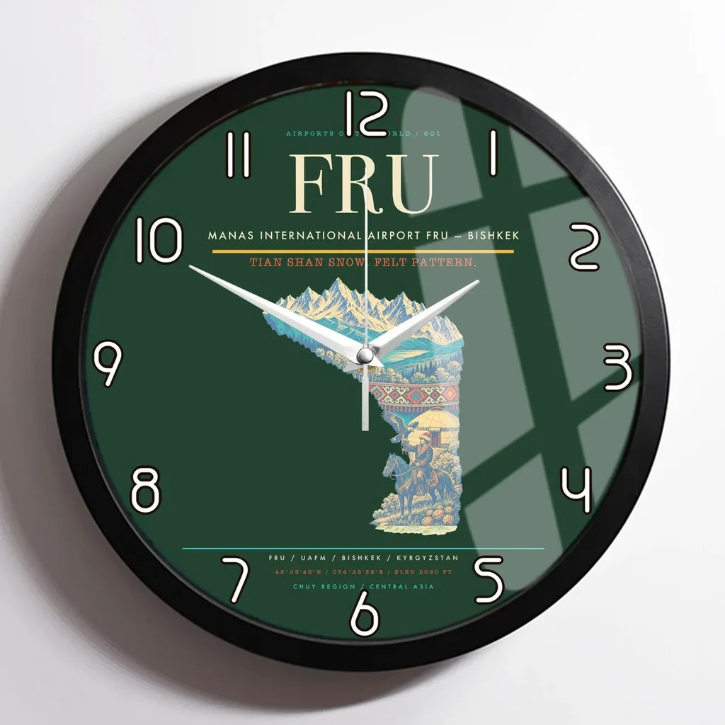 Manas International Airport (FRU) design on dark green framed wall clock