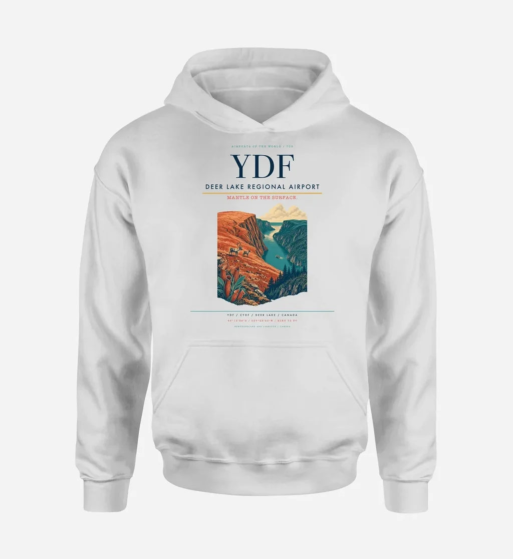 Deer Lake Regional Airport (YDF) design on white hoodie single-side print