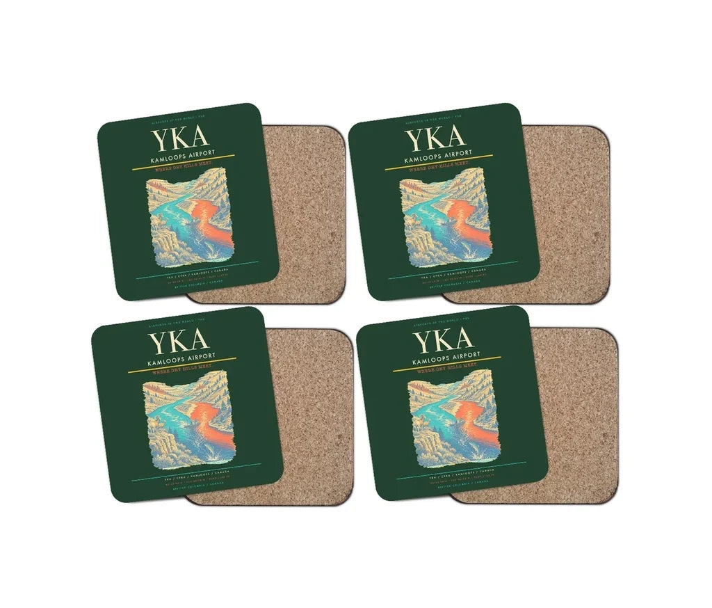 Kamloops Airport (YKA) design on dark green 4 pieces set coaster