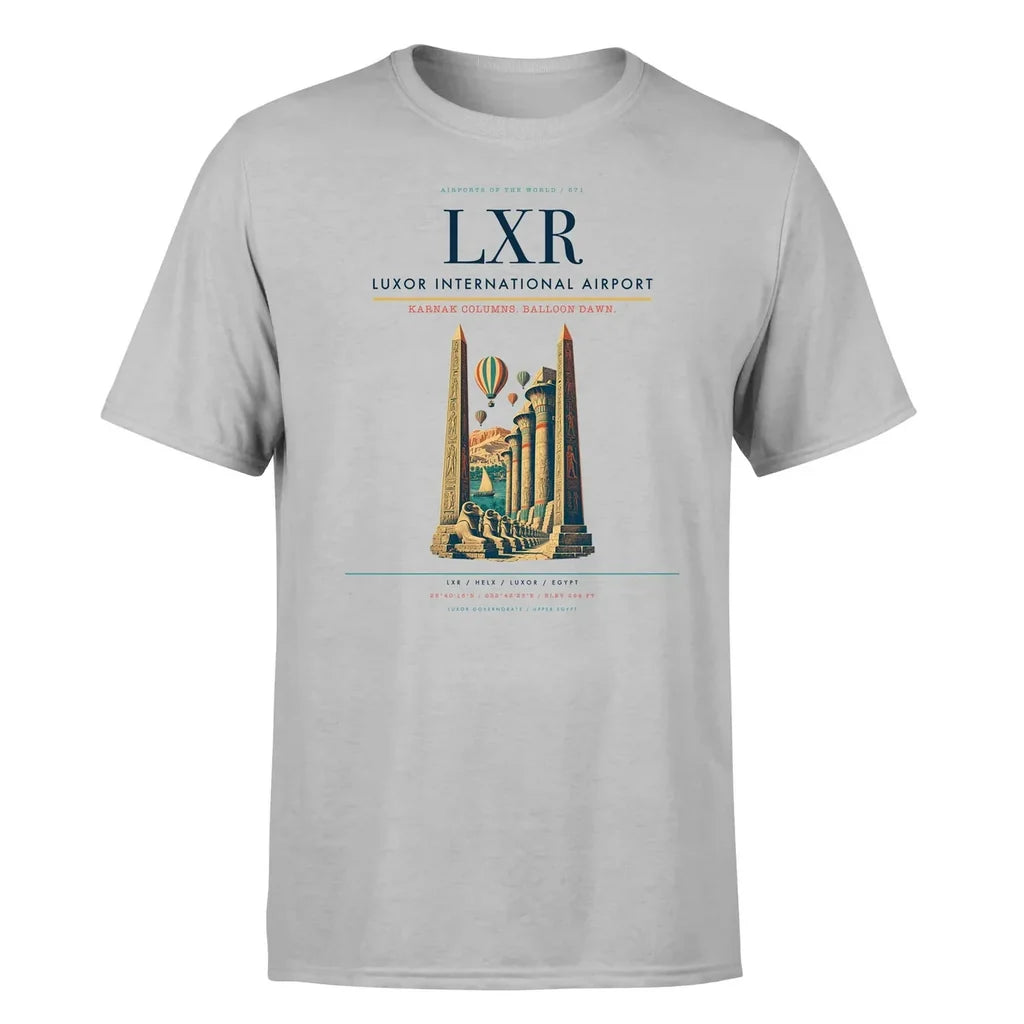Luxor International Airport (LXR) T-Shirt single-side front print in Light Gray | luxor-international-airport-lxr-double-side-t-shirt