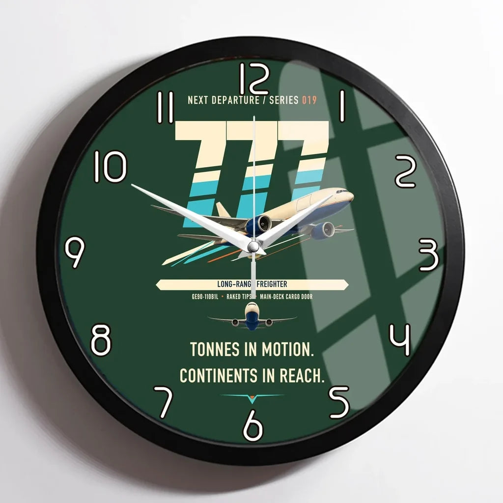 Boeing 777F design on dark green framed wall clock