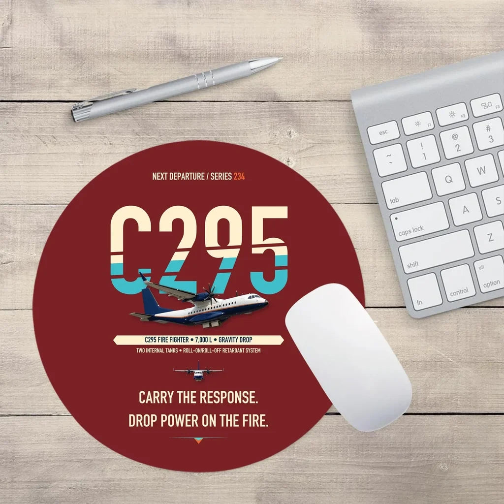 Airbus C295 Firefighter design on dark red round mouse pad