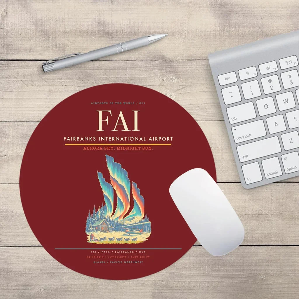 Fairbanks International Airport (FAI) design on dark red round mouse pad