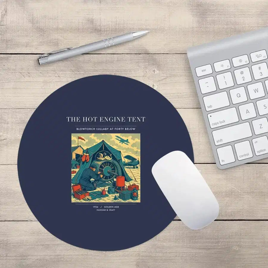 VINTAGE G4356 - The Hot Engine Tent - Designed Mouse Pads design on navyblue round