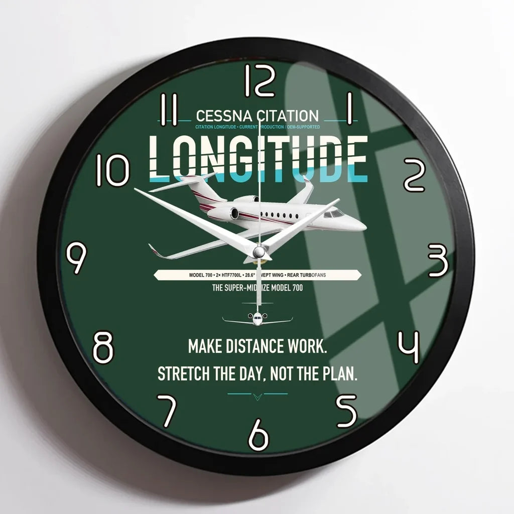 Cessna Citation Longitude design on dark green framed wall clock