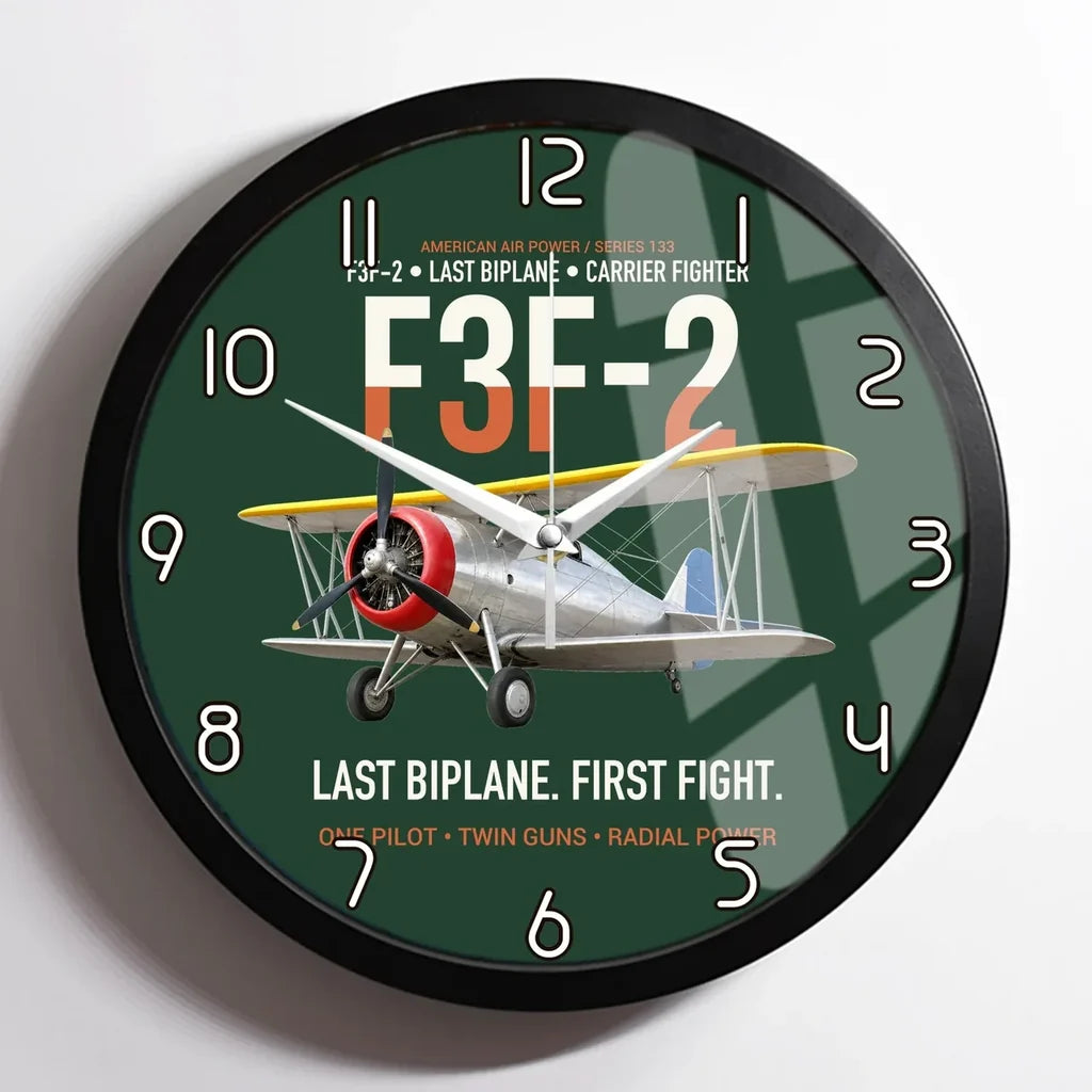 F3F-2 Last Biplane First Fight design on dark green framed wall clock