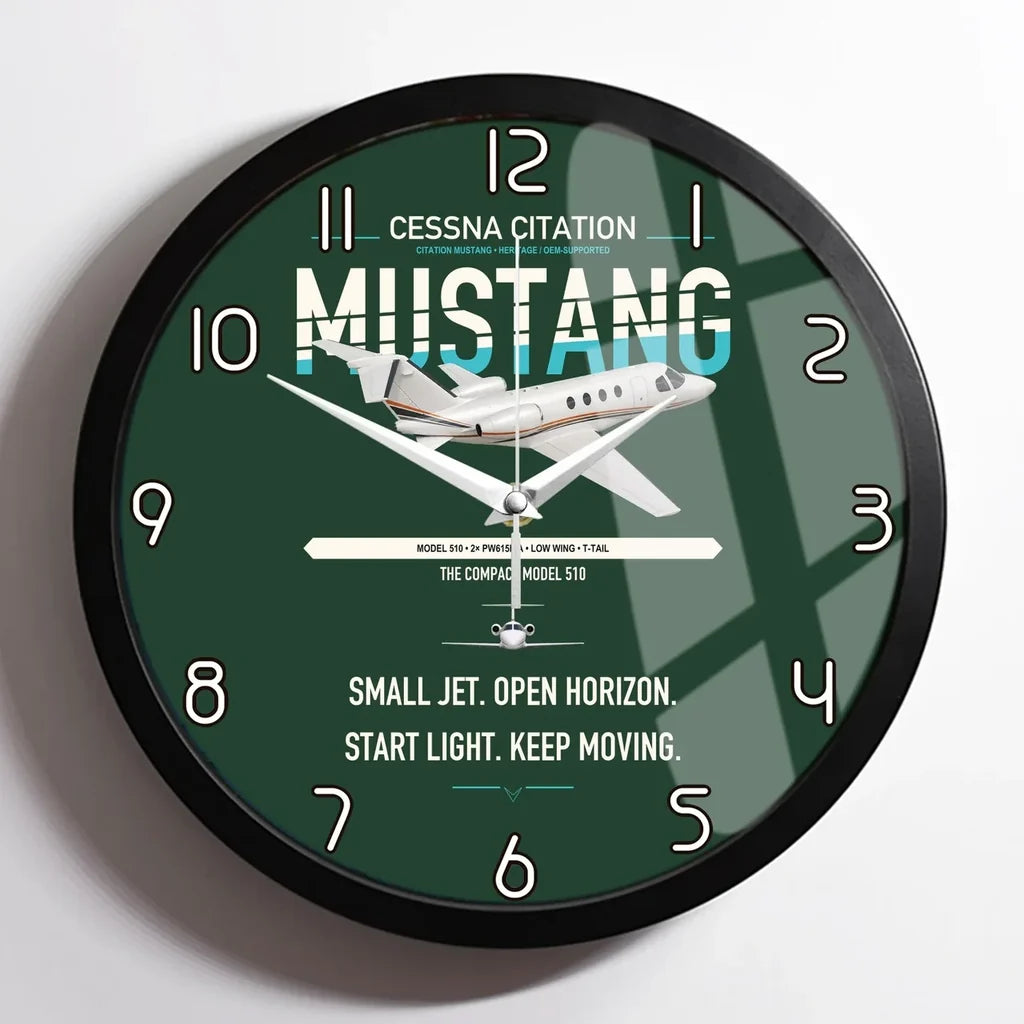 Cessna Citation Mustang design on dark green framed wall clock