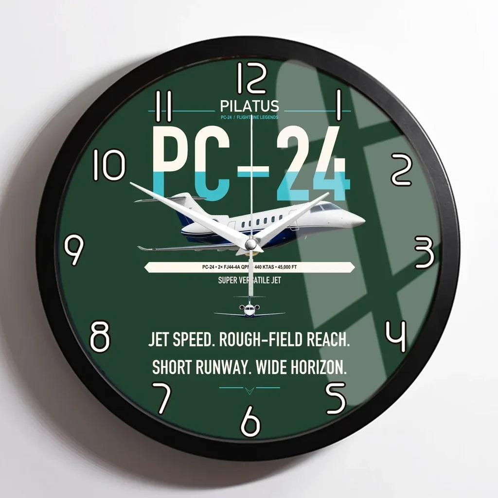 Pilatus PC-24 design on dark green framed wall clock