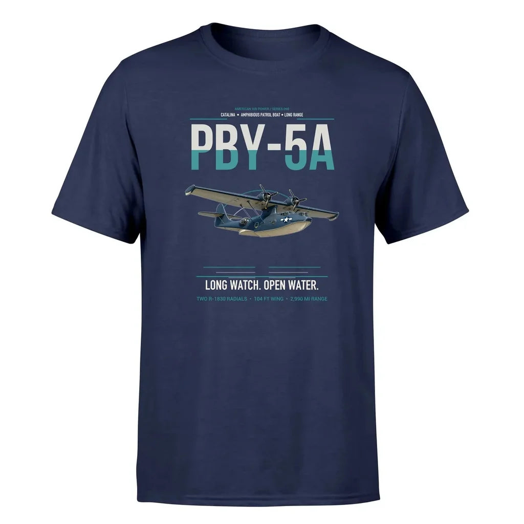 PBY-5A Catalina design on navy blue double-side t-shirt, single-side print