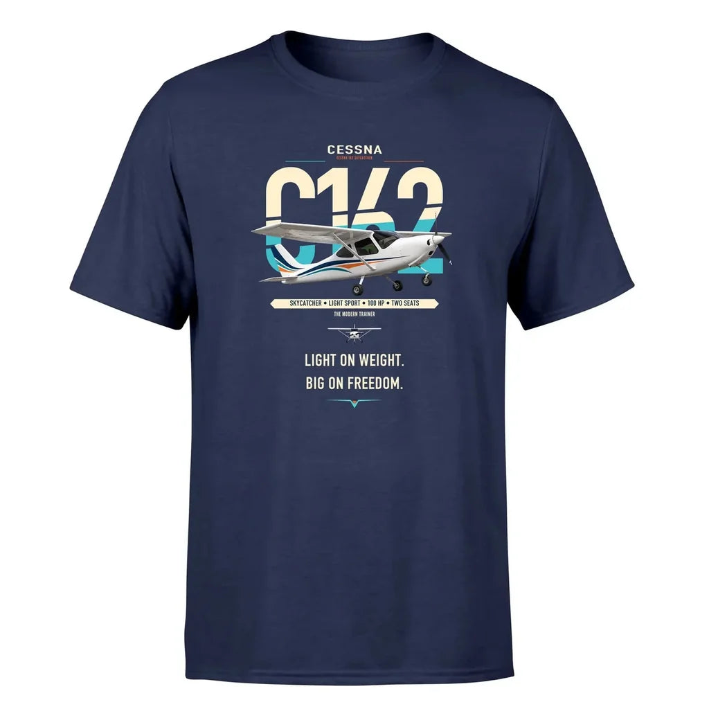Cessna 162 Skycatcher design on navy blue t-shirt, single-side print