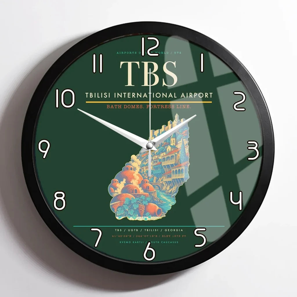 Tbilisi International Airport (TBS) design on dark green framed wall clock