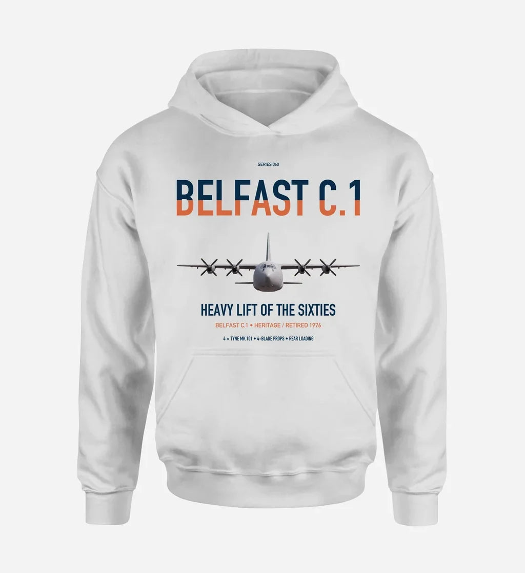 Short Belfast C.1 design on white double-side hoodie, single-side print