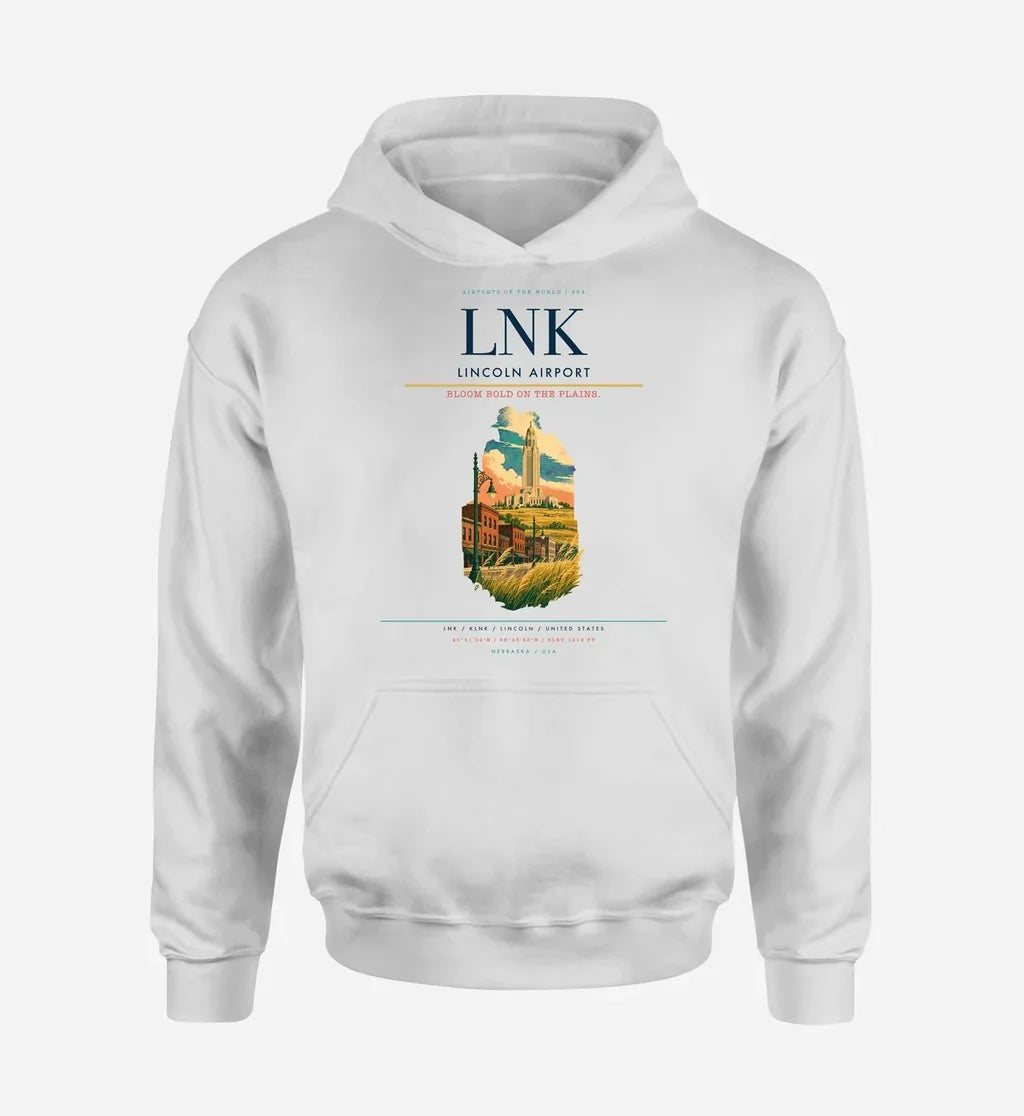 Lincoln Airport (LNK) design on white hoodie single-side print