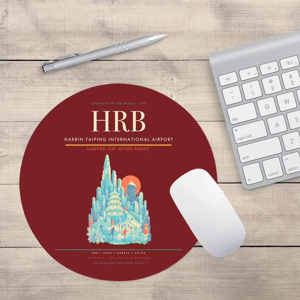 Harbin Taiping International Airport (HRB) design on dark red round mouse pad