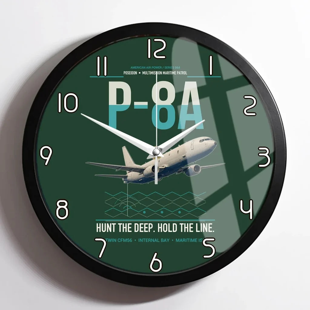 P-8A Poseidon design on dark green framed wall clock
