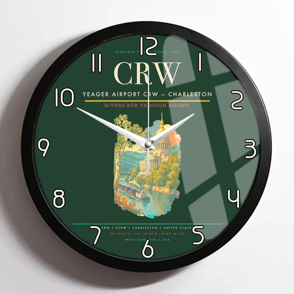 Yeager Airport (CRW) design on dark green framed wall clock