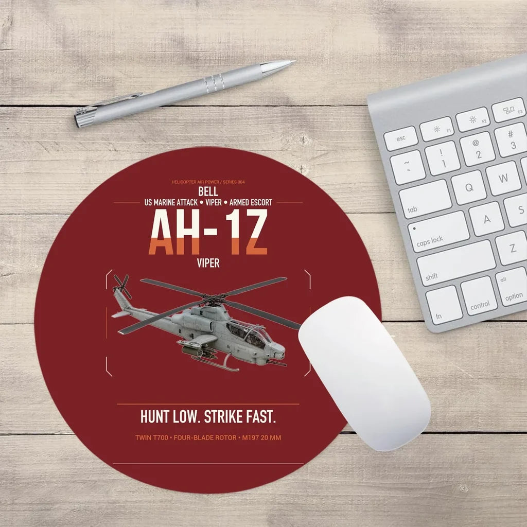 Bell AH-1Z Viper design on dark red round mouse pad