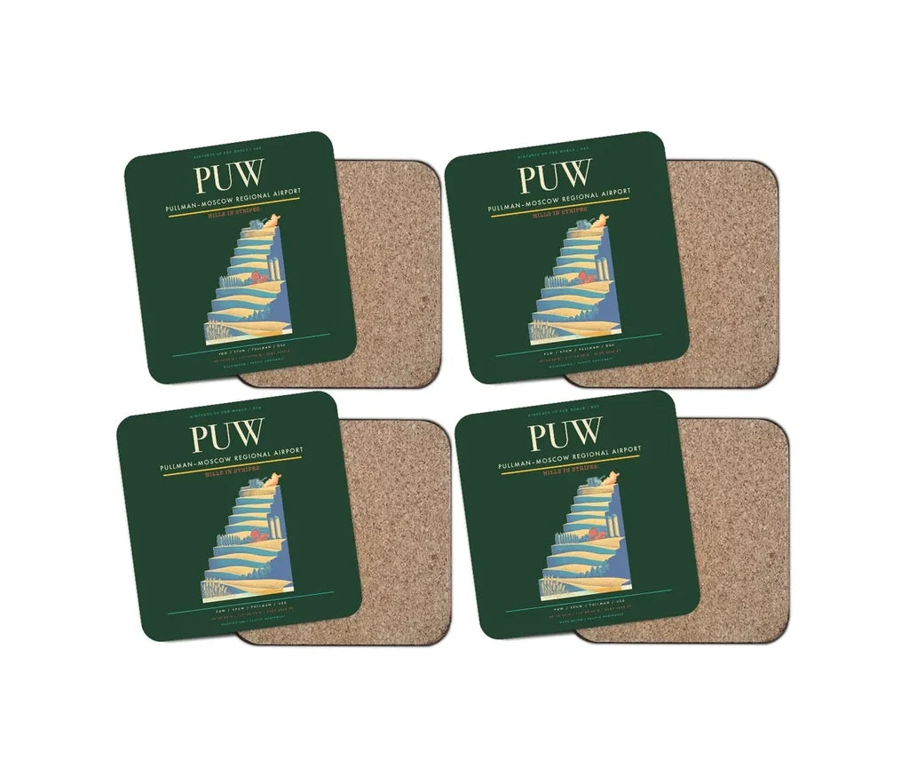 Pullman–Moscow Regional Airport (PUW) design on dark green 4 pieces set coaster