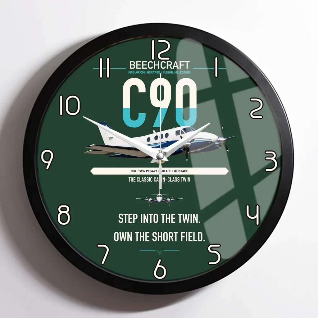 Beechcraft King Air C90 design on dark green framed wall clock