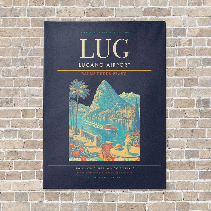 Lugano Airport LUG vertical canvas print - no frame - navy blue background