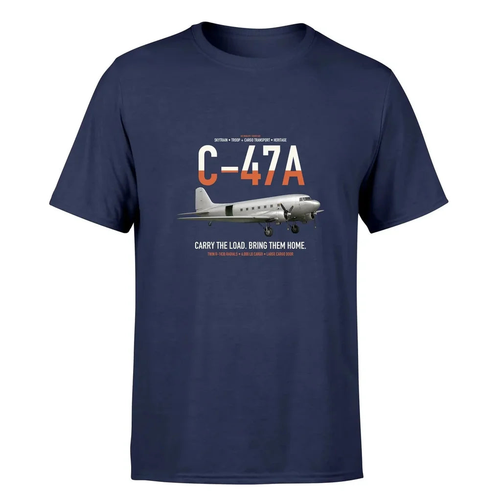 C-47A Skytrain design on navy blue double-side t-shirt, single-side print