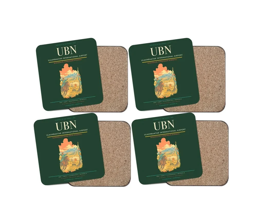 Ulaanbaatar International Airport (UBN) design on dark green 4 pieces set coaster
