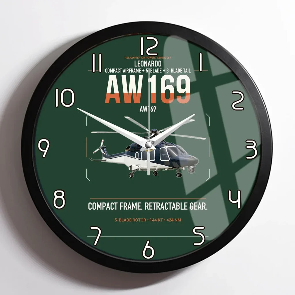 Leonardo AW169 design on dark green framed wall clock