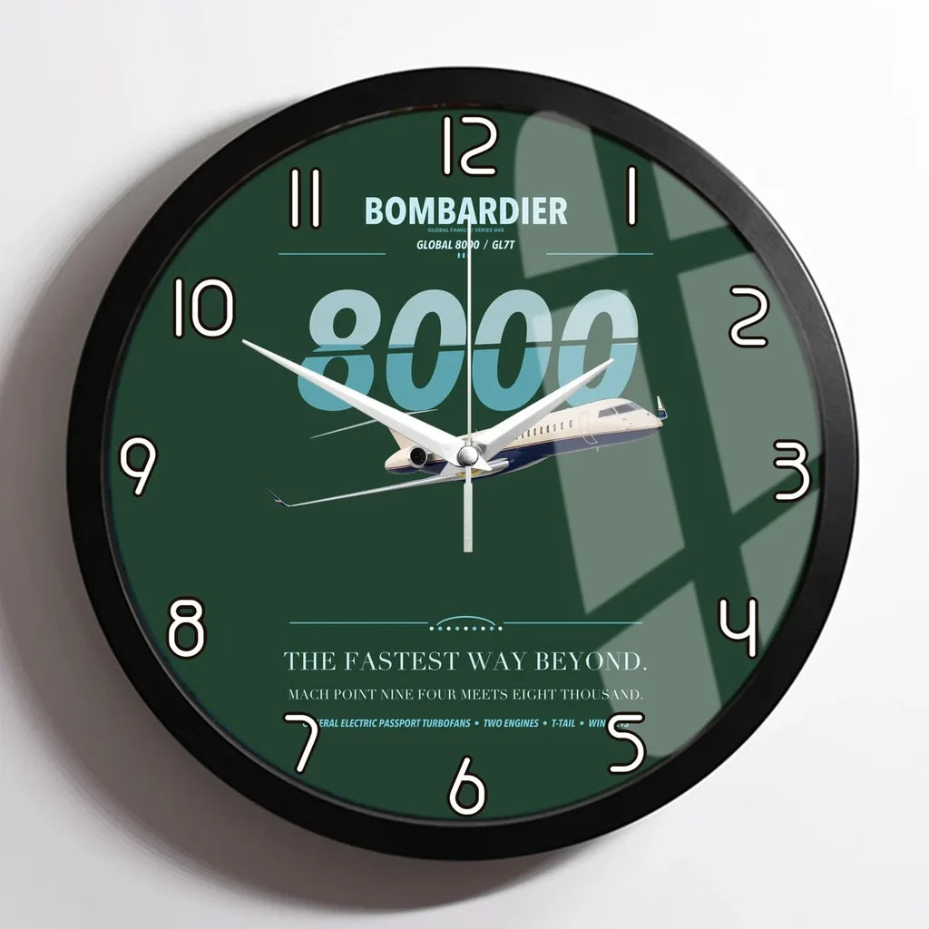 Bombardier Global 8000 design on dark green framed wall clock