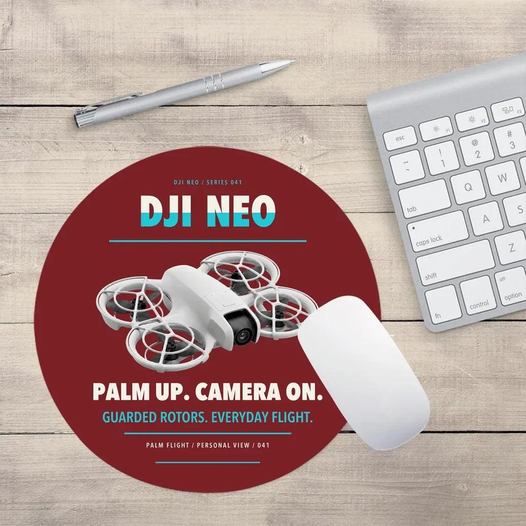 DJI Neo design on dark red round mouse pad